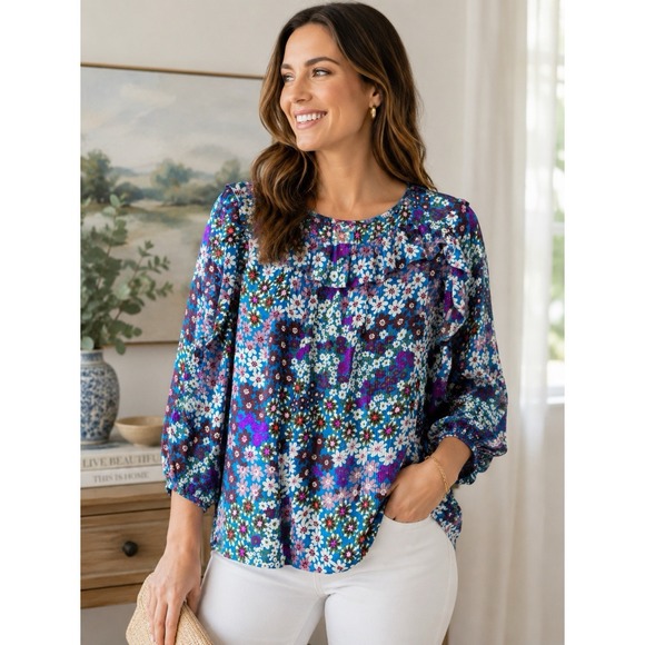 kate spade new york Tops - Kate Spade New‎ York Size XL Floral 100% Silk Blouse Blue Multicolor Ruffle Neck